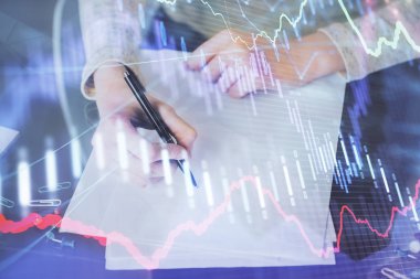 Not defteri 'nde el notu almak. Ön Forex grafik hologramlar. Araştırma kavramı. Çoklu pozlama