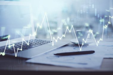 Bilgisayar geçmişi olan eski grafik hologramı. Çifte maruziyet. Finans piyasası kavramı.