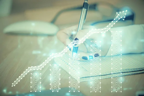 Množé vystavení rukou při tvorbě poznámek s diagramy Forex. Koncepce akciového trhu. — Stock fotografie