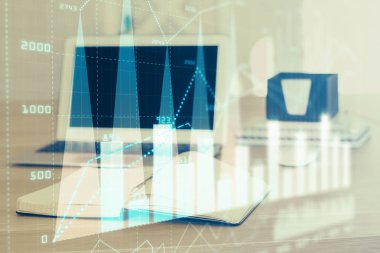 Bilgisayar geçmişi olan eski grafik hologramı. Çoklu maruz kalma. Finans piyasası kavramı.