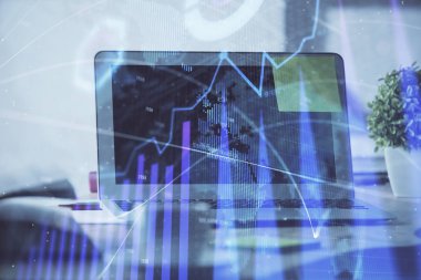 Bilgisayar geçmişi olan eski grafik hologramı. Çifte maruziyet. Finans piyasası kavramı.