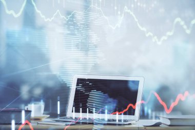 Bilgisayar geçmişi olan eski grafik hologramı. Çoklu maruz kalma. Finans piyasası kavramı.