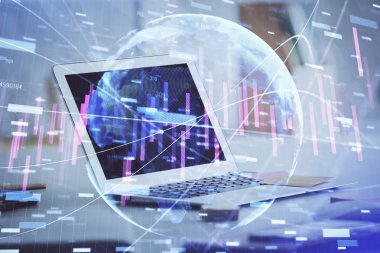 Eski pazar grafiği hologramı ve kişisel bilgisayar geçmişi. Çoklu maruz kalma. Yatırım kavramı.