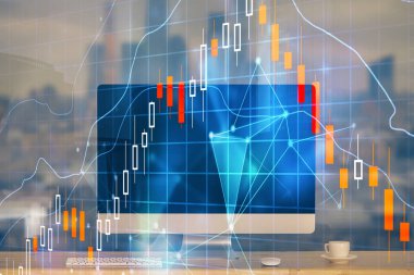 Arka planda eski pazar grafik hologramı ve kişisel bilgisayar var. Çoklu maruz kalma. Yatırım kavramı.