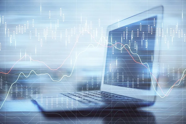 Ologramma del grafico del mercato finanziario e personal computer sullo sfondo. Multi esposizione. Concetto di forex. — Foto Stock