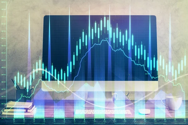 Pénzpiaci grafikon hologram és személyi számítógép a háttérben. Dupla expozíció. A forex fogalma. — Stock Fotó