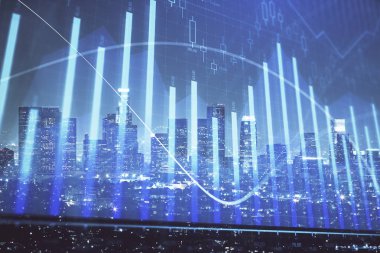 Yüksek binaların arka planında çoklu pozlama olan eski şehir haritası. Finansal araştırma kavramı.