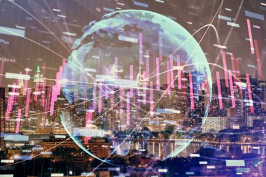 Cityscape arka plan üzerinde forex grafik çizimleri çift pozlama. Başarı kavramı.