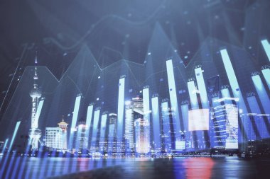 Yüksek binalar arka plan çift pozlama ile gece şehir scape mali grafik. Analiz kavramı.