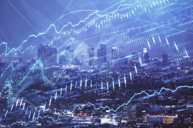 Yüksek binalar arka plan çift pozlama ile gece şehir scape mali grafik. Analiz kavramı.