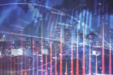 Yüksek binalar arka plan çok pozlama ile gece şehir scape mali grafik. Analiz kavramı.