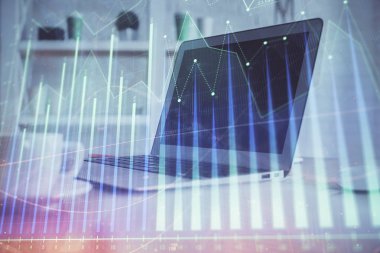 Bilgisayar geçmişi olan eski grafik hologramı. Çoklu maruz kalma. Finans piyasası kavramı.