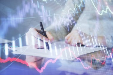 Not defteri 'nde el notu almak. Ön Forex grafik hologramlar. Araştırma kavramı. Çoklu pozlama