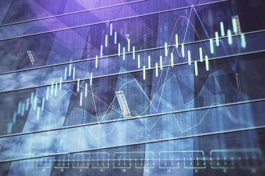 Yüksek binaların arka planında çoklu pozlama olan eski şehir haritası. Finansal araştırma kavramı.