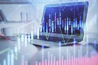 Bilgisayar geçmişi olan eski grafik hologramı. Çifte maruziyet. Finans piyasası kavramı.