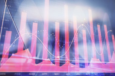 Bilgisayar geçmişi olan eski grafik hologramı. Çoklu maruz kalma. Finans piyasası kavramı.