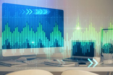 Arka planda eski pazar grafik hologramı ve kişisel bilgisayar var. Çoklu maruz kalma. Yatırım kavramı.