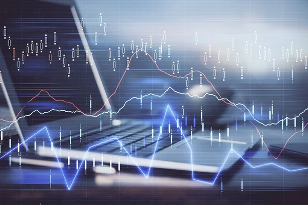 Finanzgrafik bunte Zeichnung und Tabelle mit Computer auf dem Hintergrund. Mehrfachbelichtung. Konzept der internationalen Märkte. — Stockfoto