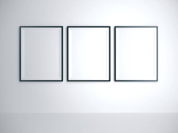Empty three frame on white wall in room. Advertising, gallery concept. Mock up, 3D Rendering