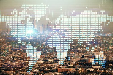 İş temalı hologram çizimine ve şehrin arka planına çifte maruz kalma. Başarı kavramı.