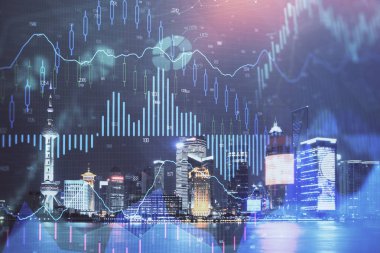 Yüksek binalar arka plan çift pozlama ile gece şehir scape mali grafik. Analiz kavramı.