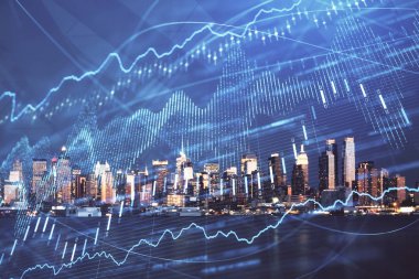 Yüksek binalar arka plan çift pozlama ile gece şehir scape mali grafik. Analiz kavramı.