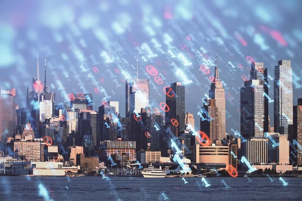 Data thema hologram tekening op uitzicht op de stad met wolkenkrabbers achtergrond dubbele blootstelling. Technologieconcept. — Stockfoto