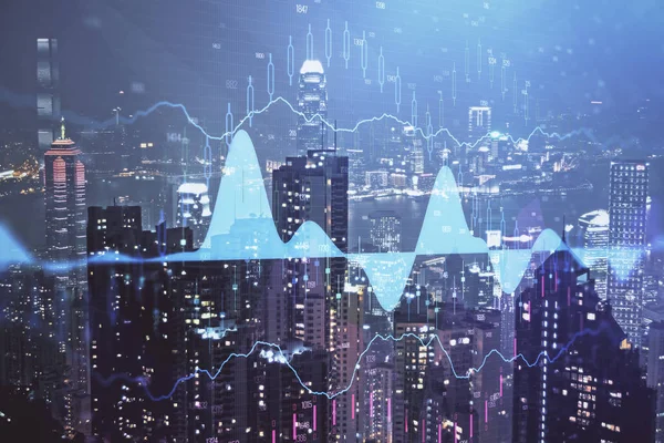 Dubbel exponering av Forex diagram ritningar över stadsbilden bakgrund. Koncept för framgång. — Stockfoto