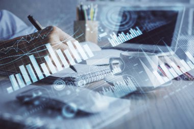 Finansal grafik el notları arka plan alarak üzerinde çizilmiş. Araştırma kavramı. Çift Pozlama