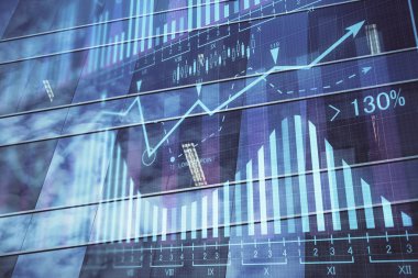 Yüksek binaların arka planında çoklu pozlama olan eski şehir haritası. Finansal araştırma kavramı.