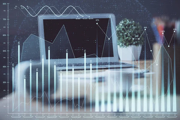 Aandelenmarkt grafiek en tabel met computer achtergrond. Dubbele belichting. Begrip financiële analyse. — Stockfoto