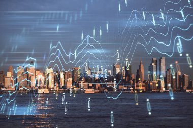 Gökdelenler, duvar kağıtları ve çoklu pozlama ile şehir manzarasının eski çizelgesi. Finansal araştırma kavramı.