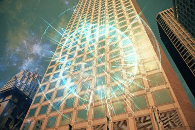 İş temalı hologram çizimine ve şehrin arka planına çifte maruz kalma. Başarı kavramı.