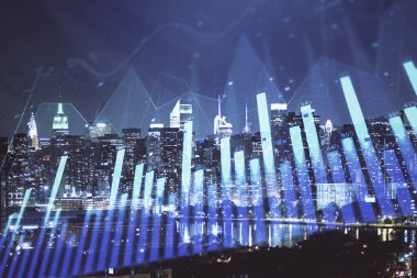 Cityscape arka plan üzerinde forex grafik çizimleri çift pozlama. Başarı kavramı.