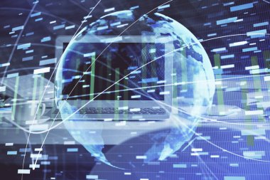 İş teması simgelerinin çoklu pozlandırılması ve bilgisayar geçmişi olan masa. Başarı kavramı.