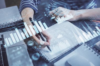 Finansal grafik el notları arka plan alarak üzerinde çizilmiş. Araştırma kavramı. Çift Pozlama