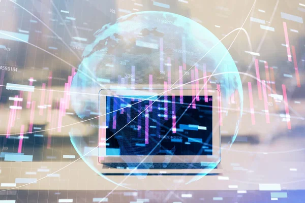 Stock market chart hologram drawn on personal computer background. Double exposure. Concept of investment. — Stock Photo, Image