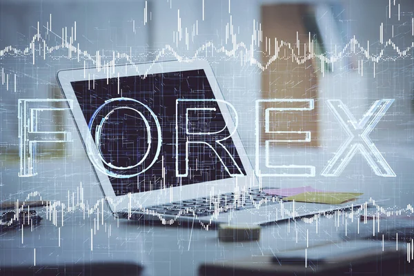 Exposición múltiple de gráfico e información financiera y espacio de trabajo con fondo informático. Concepto de comercio internacional en línea. —  Fotos de Stock