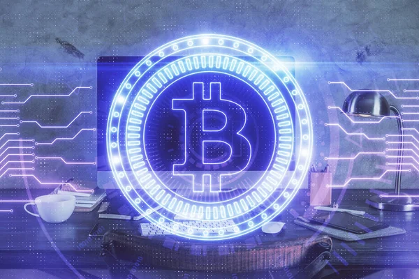 Double exposition de blockchain et crypto économie thème hologramme et table avec fond d'ordinateur. Concept de Bitcoin crypto-monnaie. — Photo