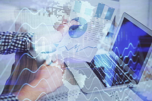 Double exposure of businessmans hands withcup of coffee with stock market graph background. Concept of research and trading. — Stock Photo, Image