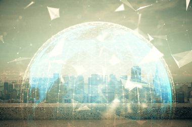 İş temalı hologram çizimine ve şehrin arka planına çifte maruz kalma. Başarı kavramı.