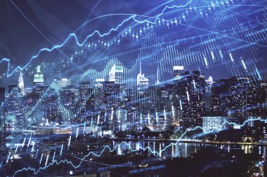Cityscape arka plan üzerinde forex grafik çizimleri çift pozlama. Başarı kavramı.