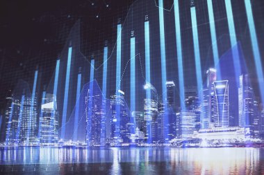 Yüksek binalar arka plan çok pozlama ile şehir scape mali grafik. Analiz kavramı.