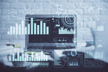 Finansal pazar grafiği hologramı ve kişisel bilgisayar arka planda. Çoklu maruz kalma. Önx kavramı.