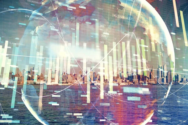 Dubbel exponering av affärstema hologram ritning och stad slöja bakgrund. Begreppet framgång. — Stockfoto