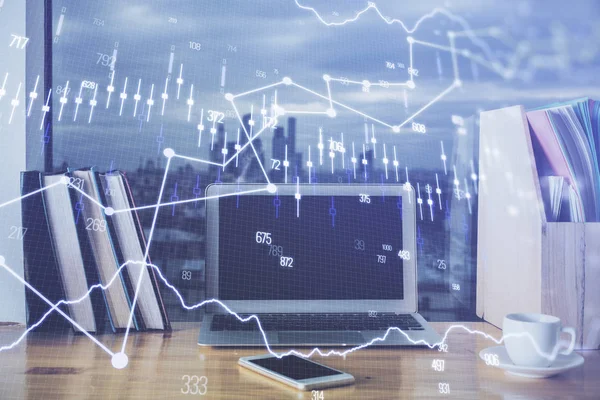 Finanzgrafik bunte Zeichnung und Tabelle mit Computer auf dem Hintergrund. Mehrfachbelichtung. Konzept der internationalen Märkte. — Stockfoto