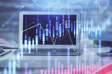 Eski pazar grafiği hologramı ve kişisel bilgisayar geçmişi. Çoklu maruz kalma. Yatırım kavramı.