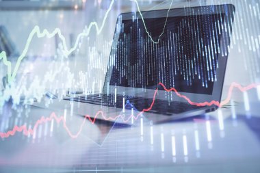 Bilgisayar geçmişi olan eski grafik hologramı. Çifte maruziyet. Finans piyasası kavramı.