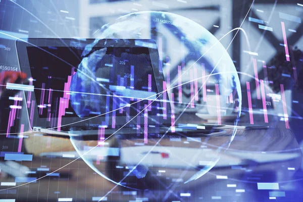 Financial graph colorful drawing and table with computer on background. Multi exposure. Concept of international markets. — Stock Photo, Image