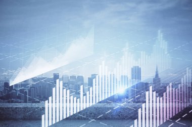 Gökdelenler arka planda çoklu pozlama ile şehir görünümünde eski grafik. Mali analiz kavramı.